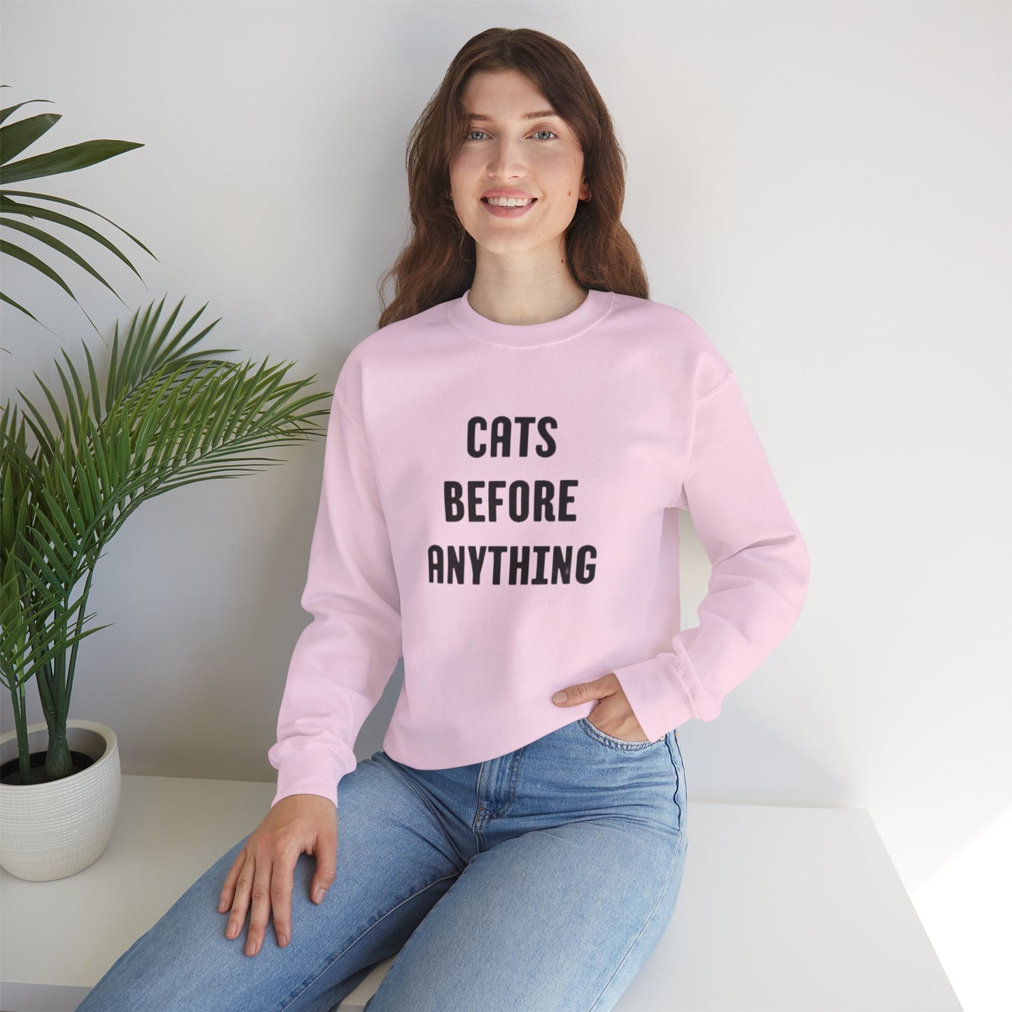 CATS BEFORE ANYTHING Sweatshirt 🐾 | Funny Unisex Crewneck for Cat Lovers | Bold Black & White Statement Pullover