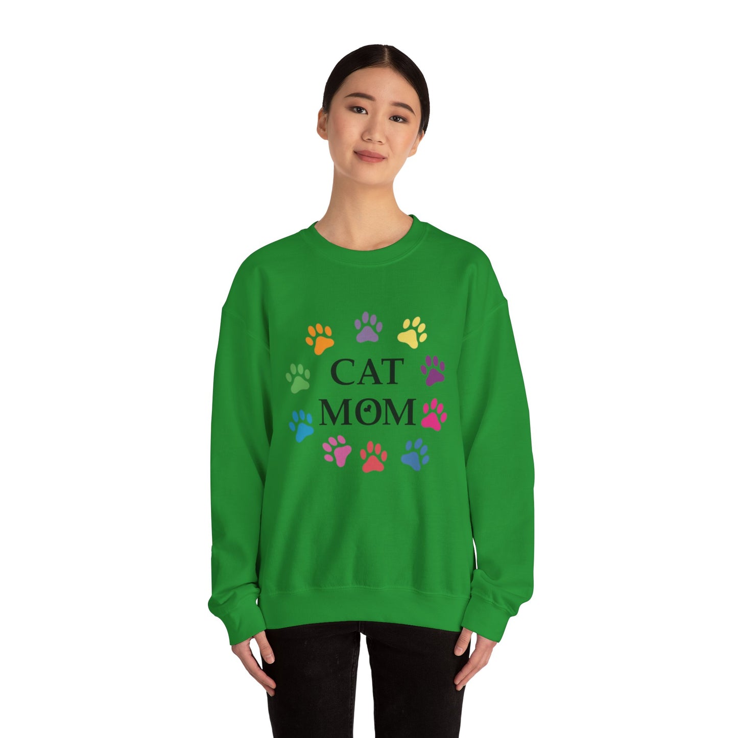 Vibrant Cat Mom Sweatshirt: Colorful Paw Print Circle Crewneck | Cozy 50/50 Cotton-Poly Gift