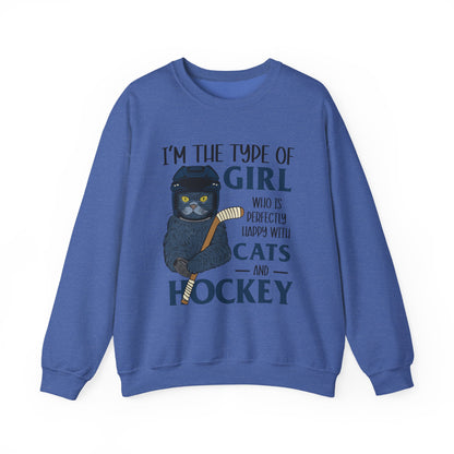 Cats & Hockey Girl Sweatshirt – Funny Unisex Crewneck for Cat Lovers & Sports Fans | Cozy Cotton-Poly Blend