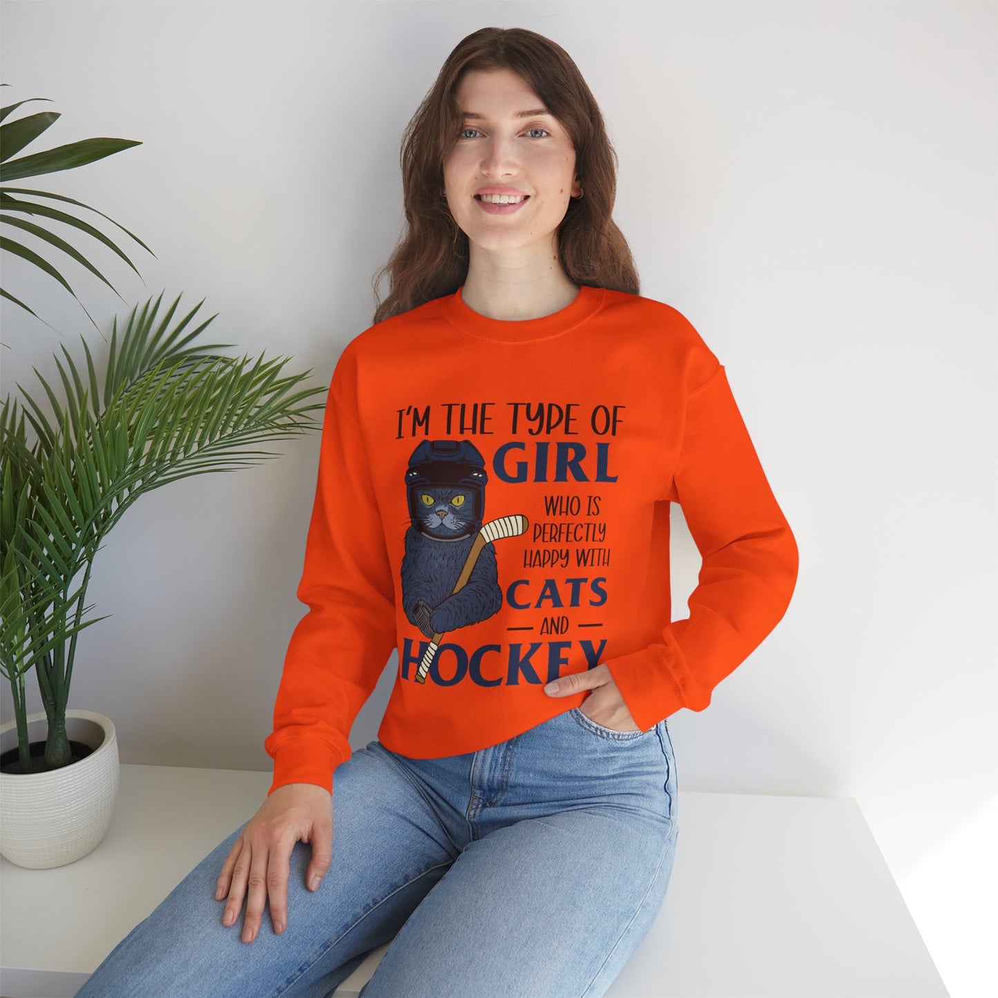 Cats & Hockey Girl Sweatshirt – Funny Unisex Crewneck for Cat Lovers & Sports Fans | Cozy Cotton-Poly Blend