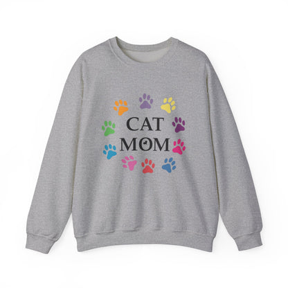 Vibrant Cat Mom Sweatshirt: Colorful Paw Print Circle Crewneck | Cozy 50/50 Cotton-Poly Gift