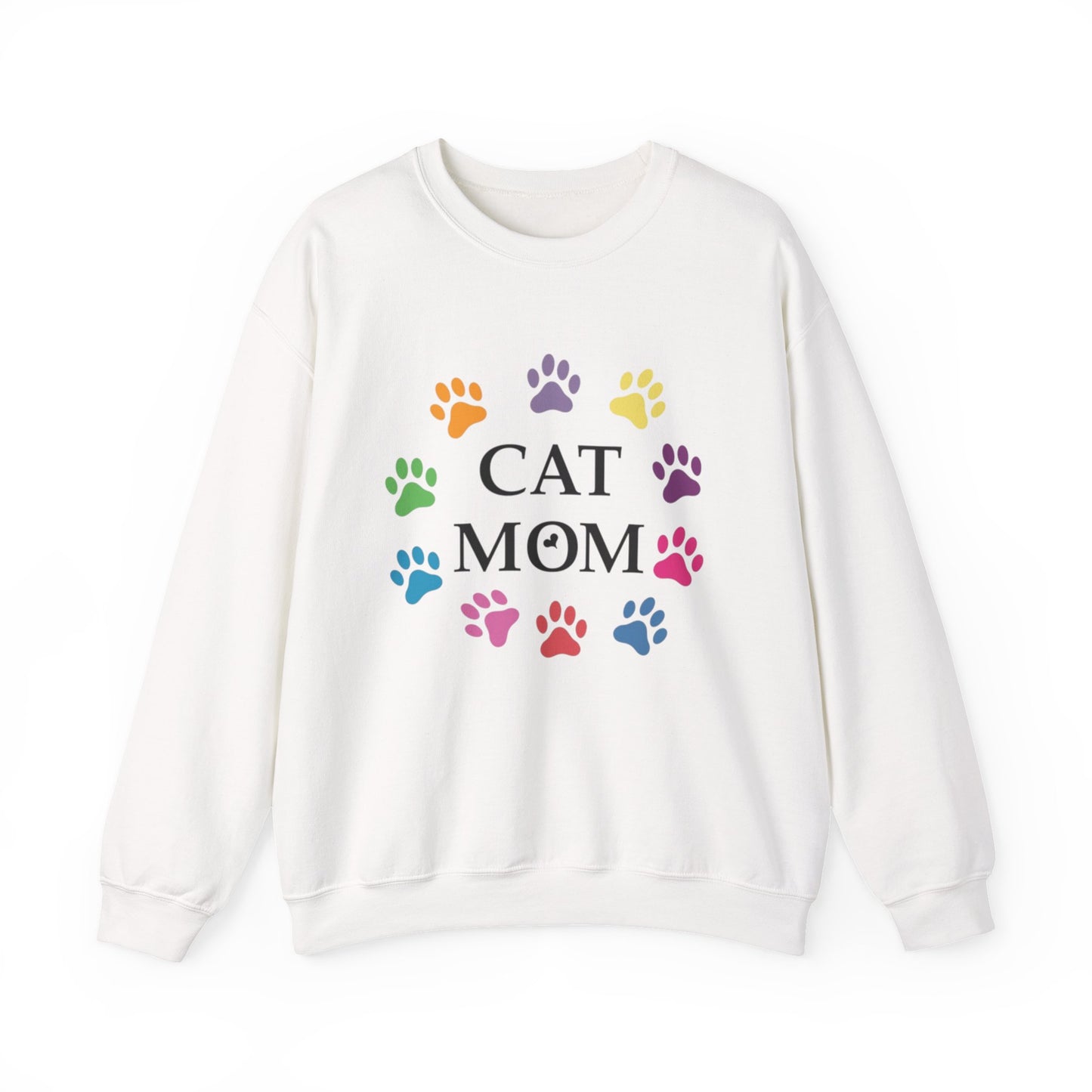 Vibrant Cat Mom Sweatshirt: Colorful Paw Print Circle Crewneck | Cozy 50/50 Cotton-Poly Gift