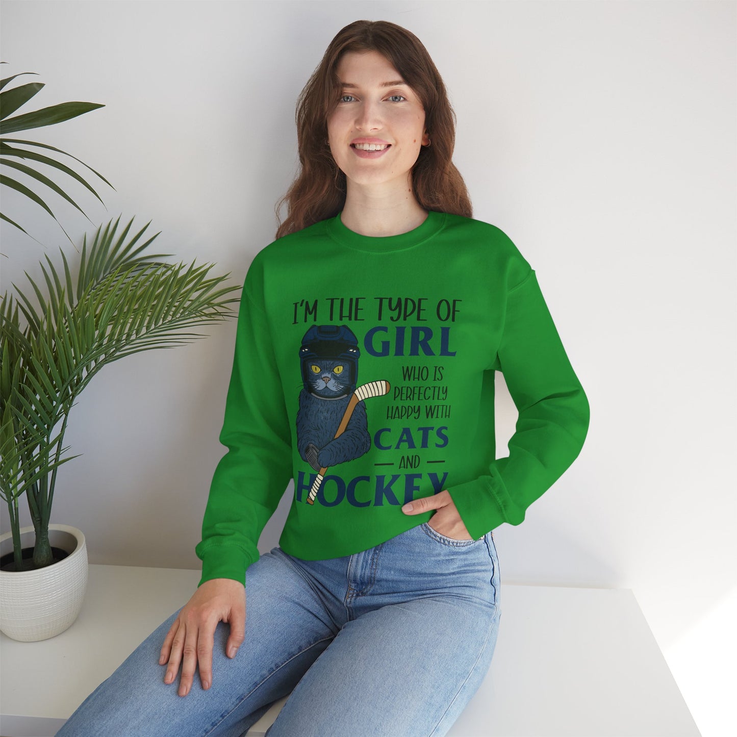 Cats & Hockey Girl Sweatshirt – Funny Unisex Crewneck for Cat Lovers & Sports Fans | Cozy Cotton-Poly Blend