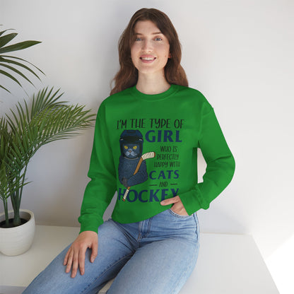 Cats & Hockey Girl Sweatshirt – Funny Unisex Crewneck for Cat Lovers & Sports Fans | Cozy Cotton-Poly Blend