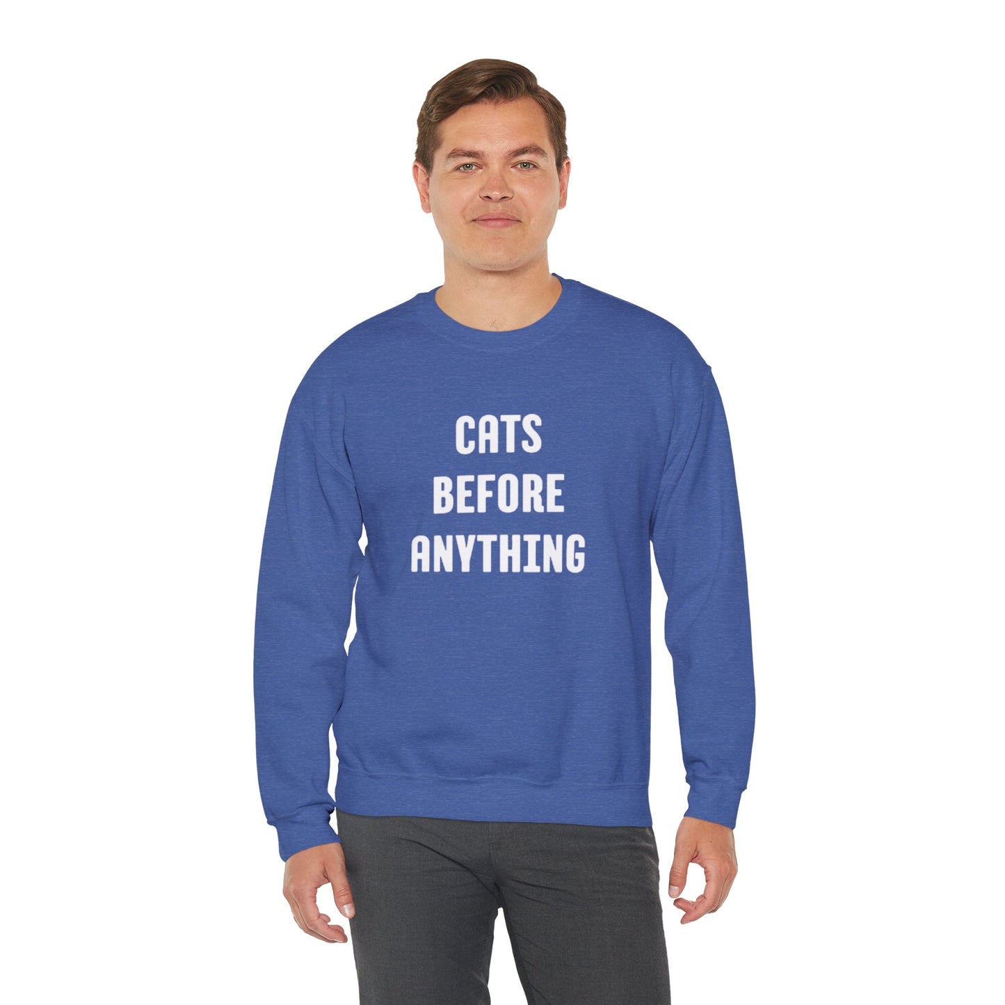 CATS BEFORE ANYTHING Sweatshirt 🐾 | Funny Unisex Crewneck for Cat Lovers | Bold Black & White Statement Pullover