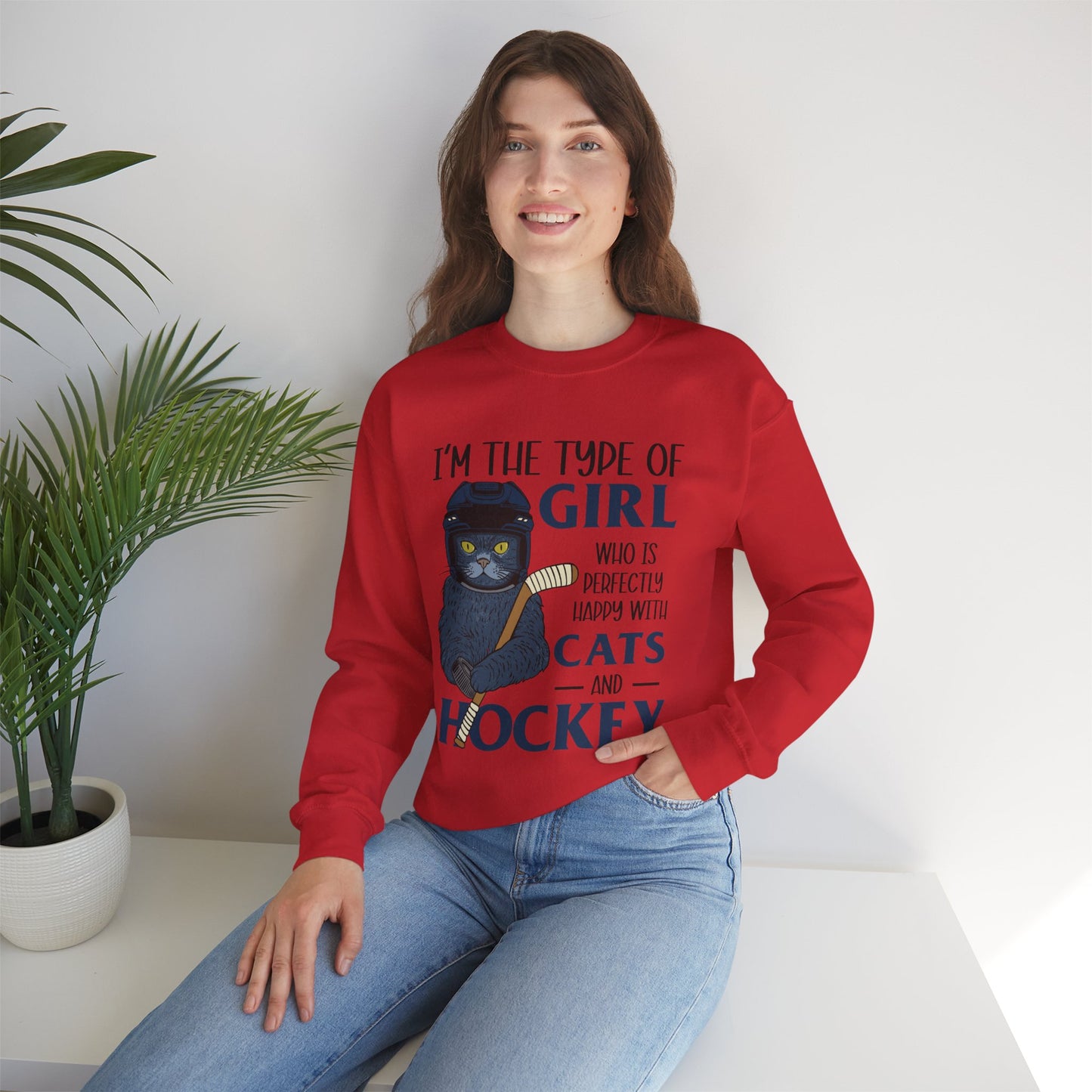 Cats & Hockey Girl Sweatshirt – Funny Unisex Crewneck for Cat Lovers & Sports Fans | Cozy Cotton-Poly Blend