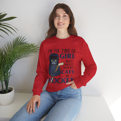 Cats & Hockey Girl Sweatshirt – Funny Unisex Crewneck for Cat Lovers & Sports Fans | Cozy Cotton-Poly Blend