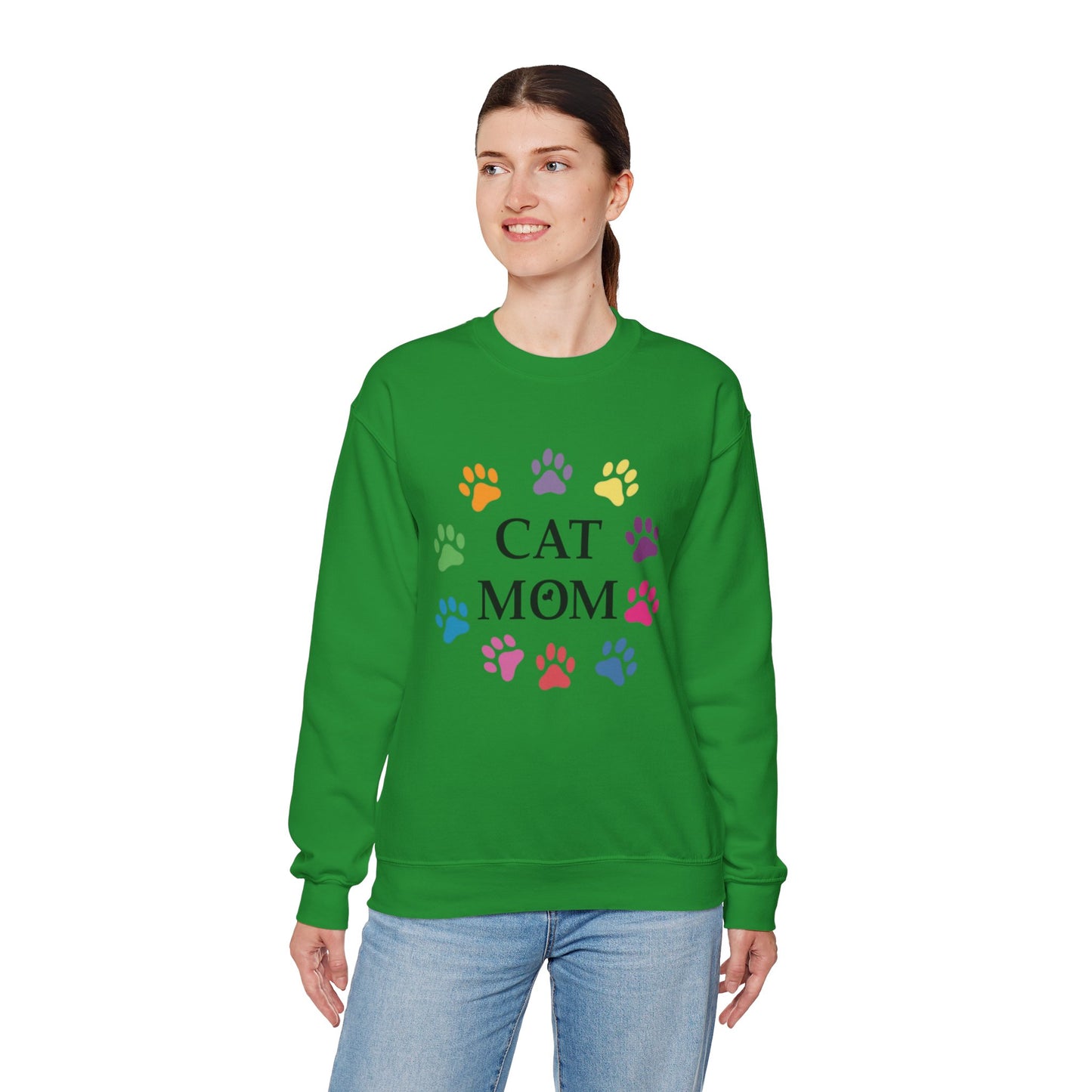 Vibrant Cat Mom Sweatshirt: Colorful Paw Print Circle Crewneck | Cozy 50/50 Cotton-Poly Gift