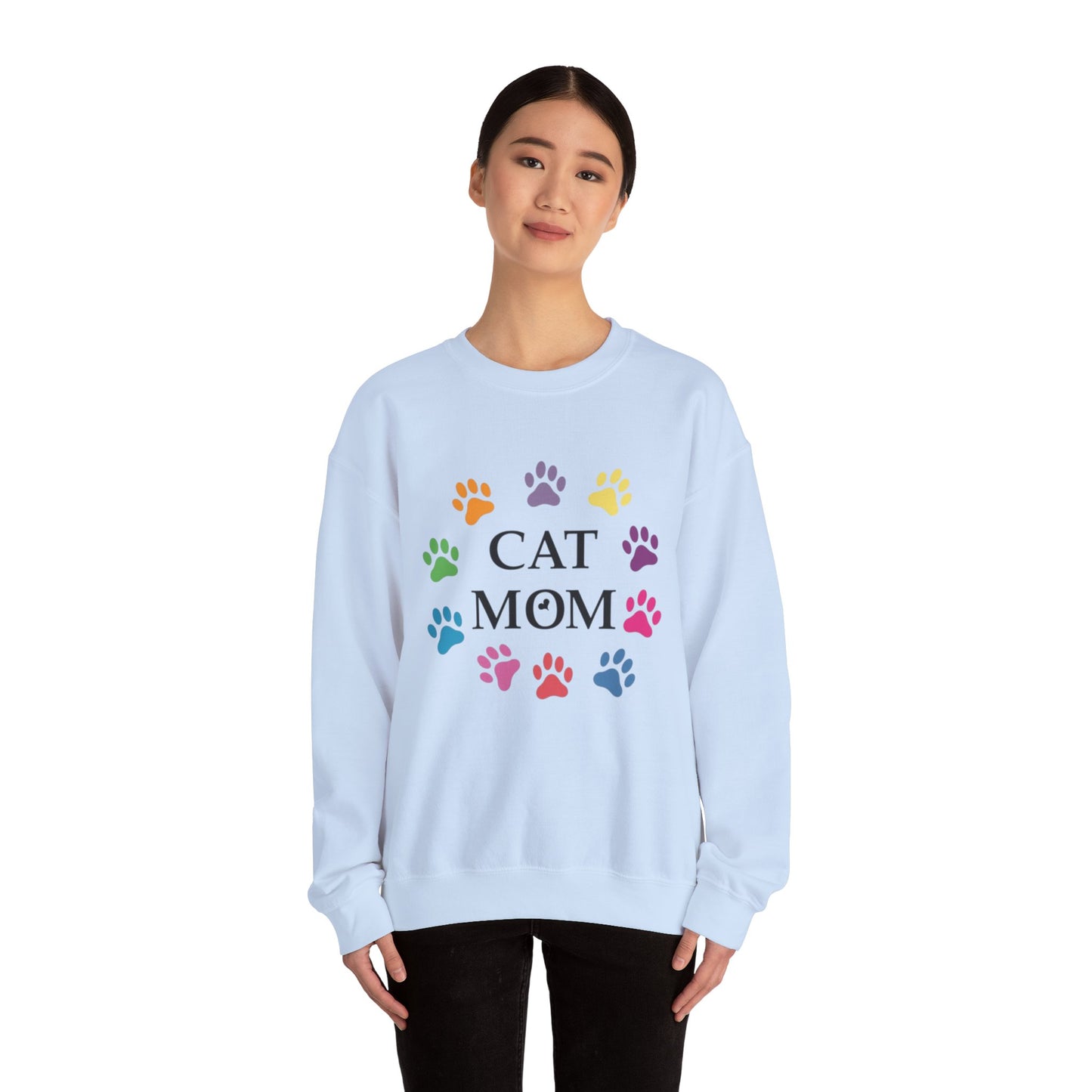 Vibrant Cat Mom Sweatshirt: Colorful Paw Print Circle Crewneck | Cozy 50/50 Cotton-Poly Gift