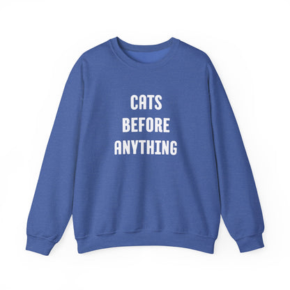 CATS BEFORE ANYTHING Sweatshirt 🐾 | Funny Unisex Crewneck for Cat Lovers | Bold Black & White Statement Pullover