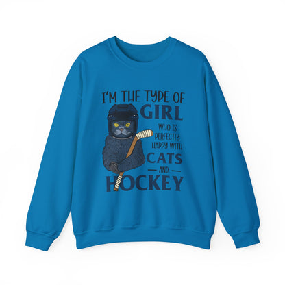 Cats & Hockey Girl Sweatshirt – Funny Unisex Crewneck for Cat Lovers & Sports Fans | Cozy Cotton-Poly Blend