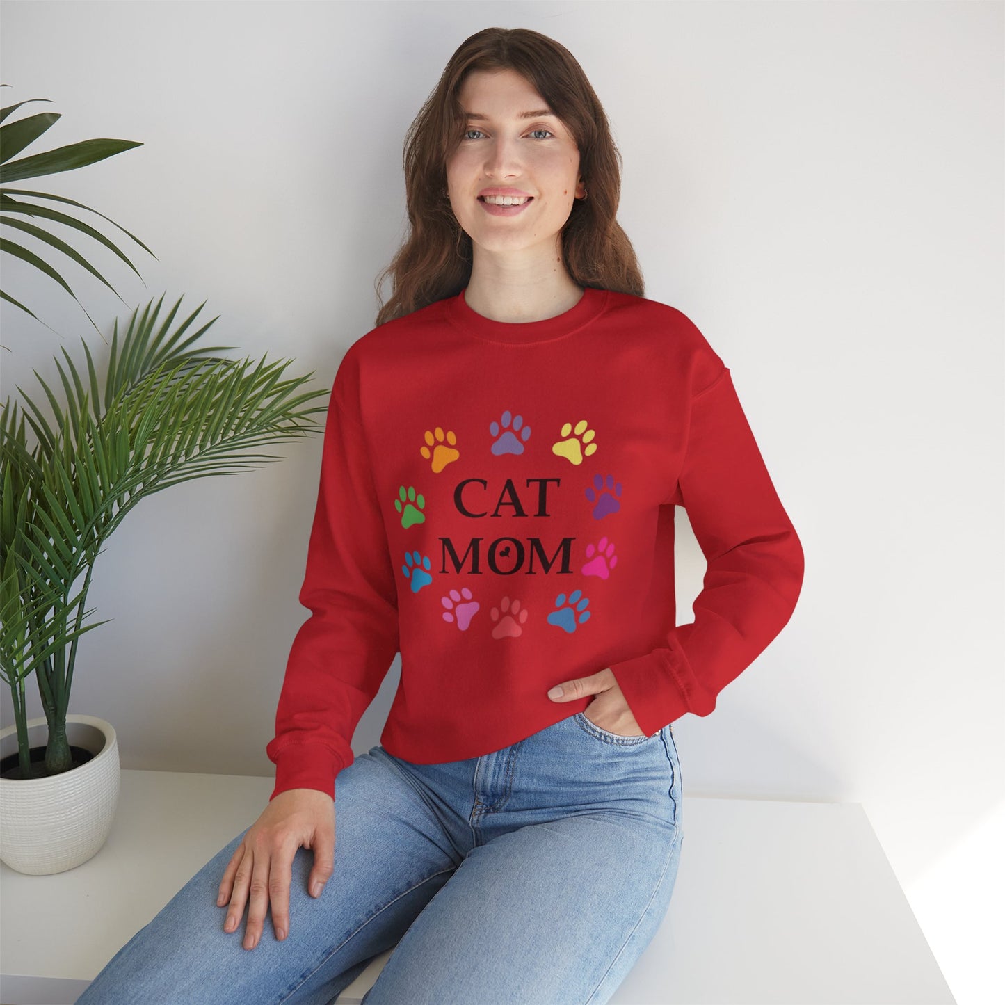 Vibrant Cat Mom Sweatshirt: Colorful Paw Print Circle Crewneck | Cozy 50/50 Cotton-Poly Gift