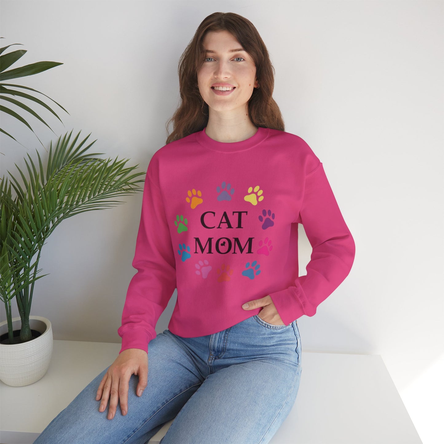 Vibrant Cat Mom Sweatshirt: Colorful Paw Print Circle Crewneck | Cozy 50/50 Cotton-Poly Gift