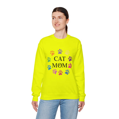 Vibrant Cat Mom Sweatshirt: Colorful Paw Print Circle Crewneck | Cozy 50/50 Cotton-Poly Gift