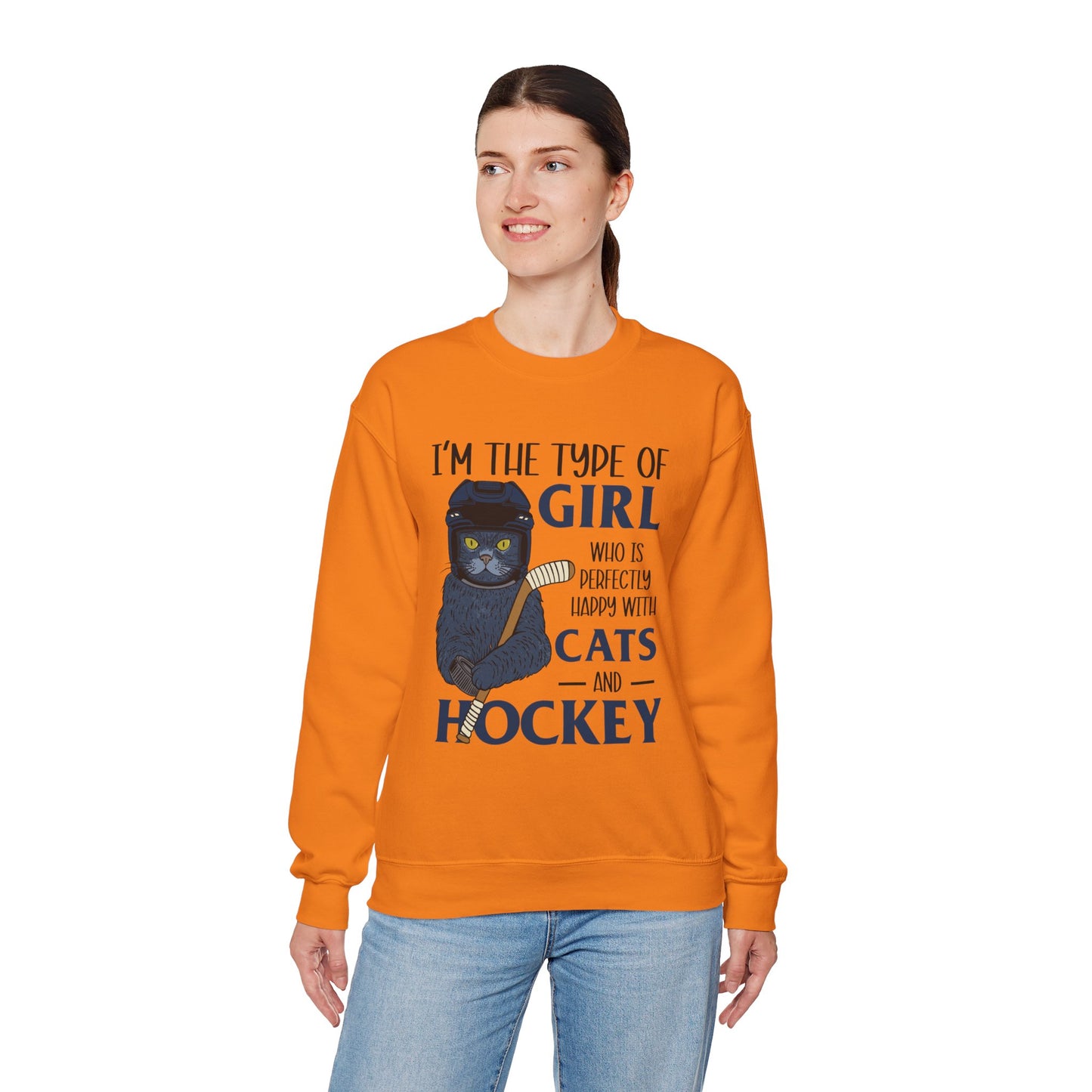 Cats & Hockey Girl Sweatshirt – Funny Unisex Crewneck for Cat Lovers & Sports Fans | Cozy Cotton-Poly Blend