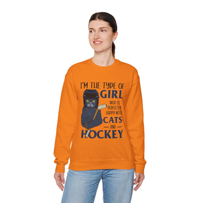 Cats & Hockey Girl Sweatshirt – Funny Unisex Crewneck for Cat Lovers & Sports Fans | Cozy Cotton-Poly Blend