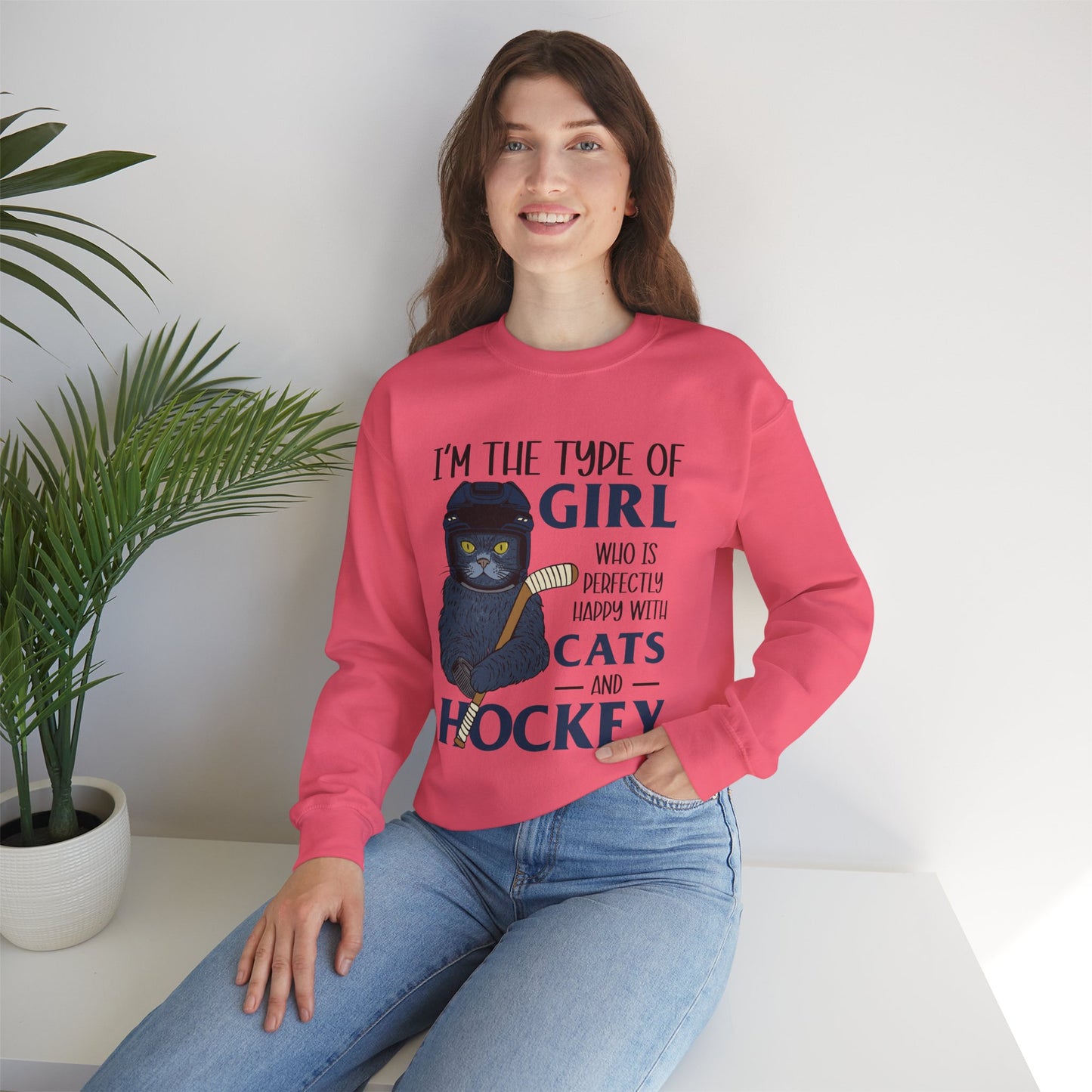 Cats & Hockey Girl Sweatshirt – Funny Unisex Crewneck for Cat Lovers & Sports Fans | Cozy Cotton-Poly Blend
