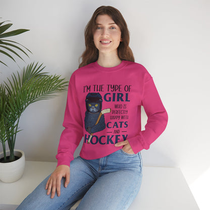 Cats & Hockey Girl Sweatshirt – Funny Unisex Crewneck for Cat Lovers & Sports Fans | Cozy Cotton-Poly Blend