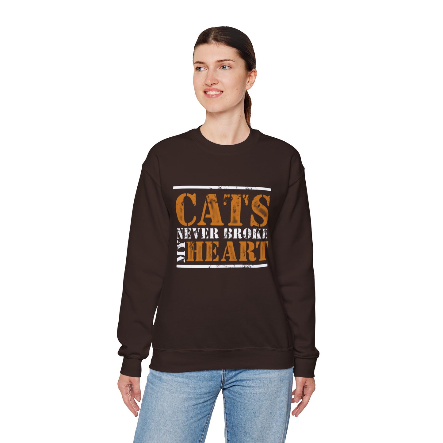 CATS NEVER BROKE MY HEART Unisex Crewneck — loud love, zero heartbreak, all paws