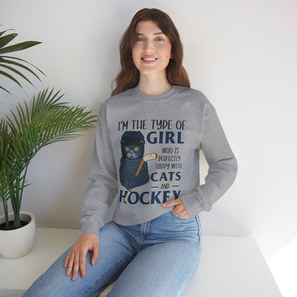 Cats & Hockey Girl Sweatshirt – Funny Unisex Crewneck for Cat Lovers & Sports Fans | Cozy Cotton-Poly Blend