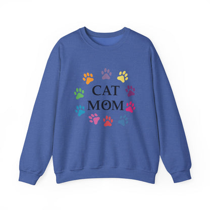 Vibrant Cat Mom Sweatshirt: Colorful Paw Print Circle Crewneck | Cozy 50/50 Cotton-Poly Gift