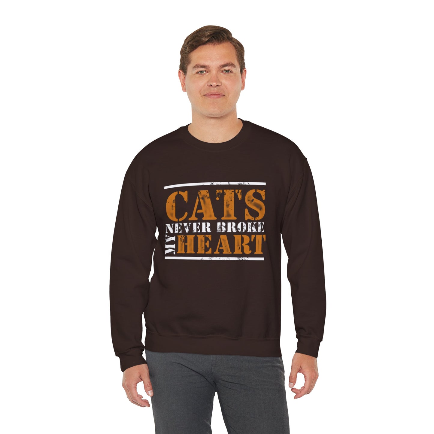 CATS NEVER BROKE MY HEART Unisex Crewneck — loud love, zero heartbreak, all paws