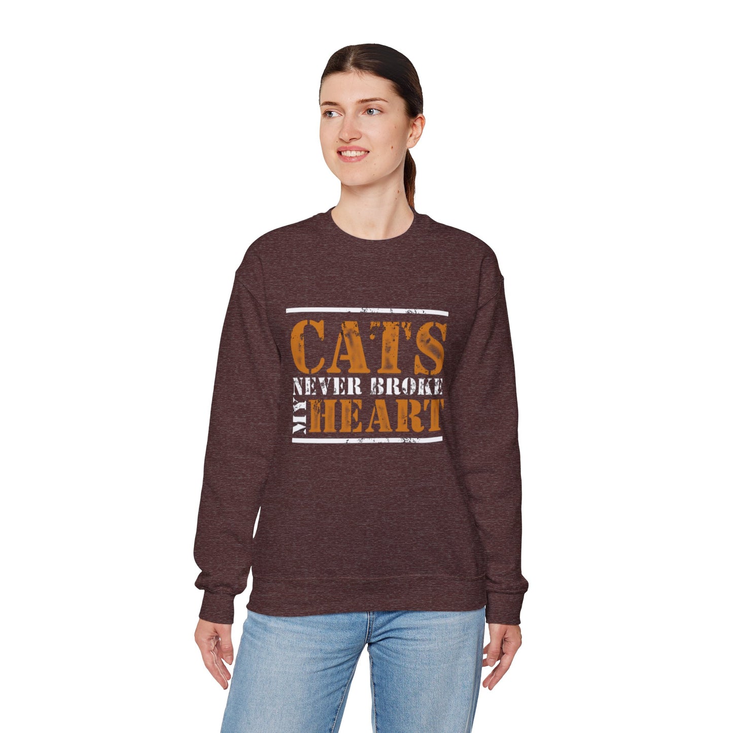 CATS NEVER BROKE MY HEART Unisex Crewneck — loud love, zero heartbreak, all paws