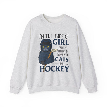Cats & Hockey Girl Sweatshirt – Funny Unisex Crewneck for Cat Lovers & Sports Fans | Cozy Cotton-Poly Blend