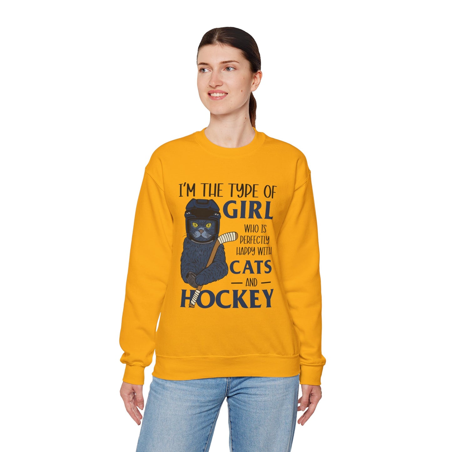 Cats & Hockey Girl Sweatshirt – Funny Unisex Crewneck for Cat Lovers & Sports Fans | Cozy Cotton-Poly Blend