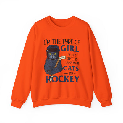 Cats & Hockey Girl Sweatshirt – Funny Unisex Crewneck for Cat Lovers & Sports Fans | Cozy Cotton-Poly Blend