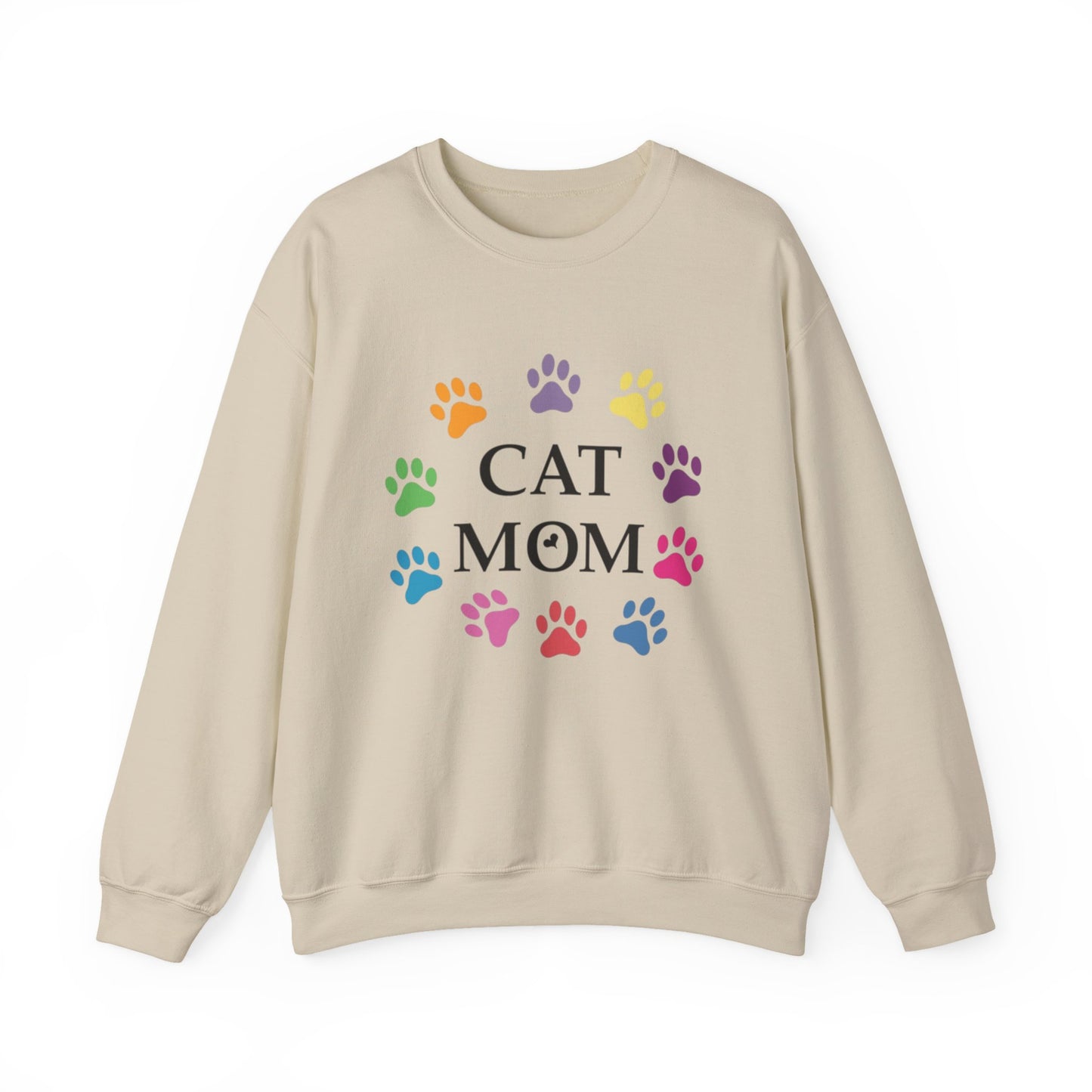 Vibrant Cat Mom Sweatshirt: Colorful Paw Print Circle Crewneck | Cozy 50/50 Cotton-Poly Gift