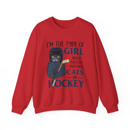 Cats & Hockey Girl Sweatshirt – Funny Unisex Crewneck for Cat Lovers & Sports Fans | Cozy Cotton-Poly Blend