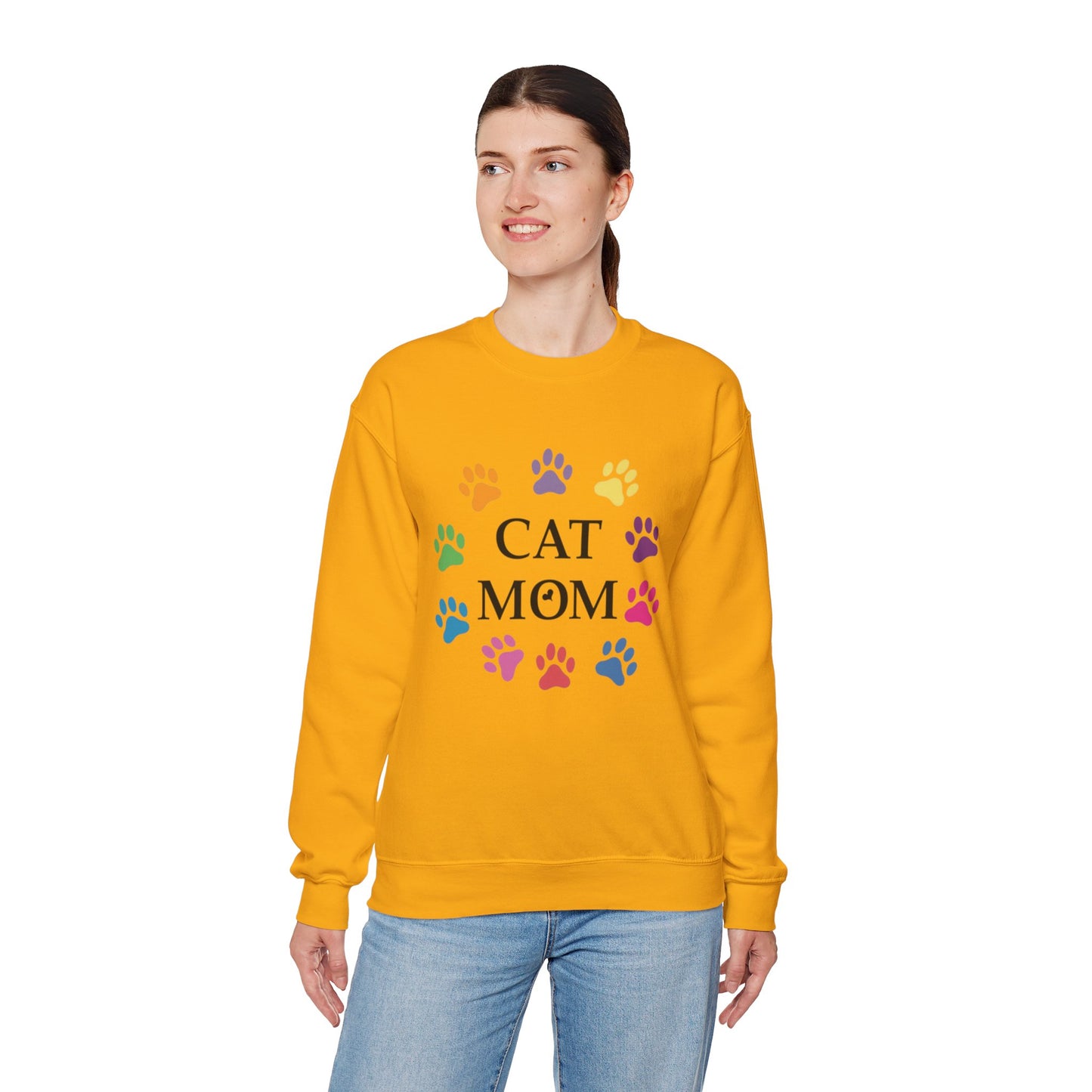 Vibrant Cat Mom Sweatshirt: Colorful Paw Print Circle Crewneck | Cozy 50/50 Cotton-Poly Gift