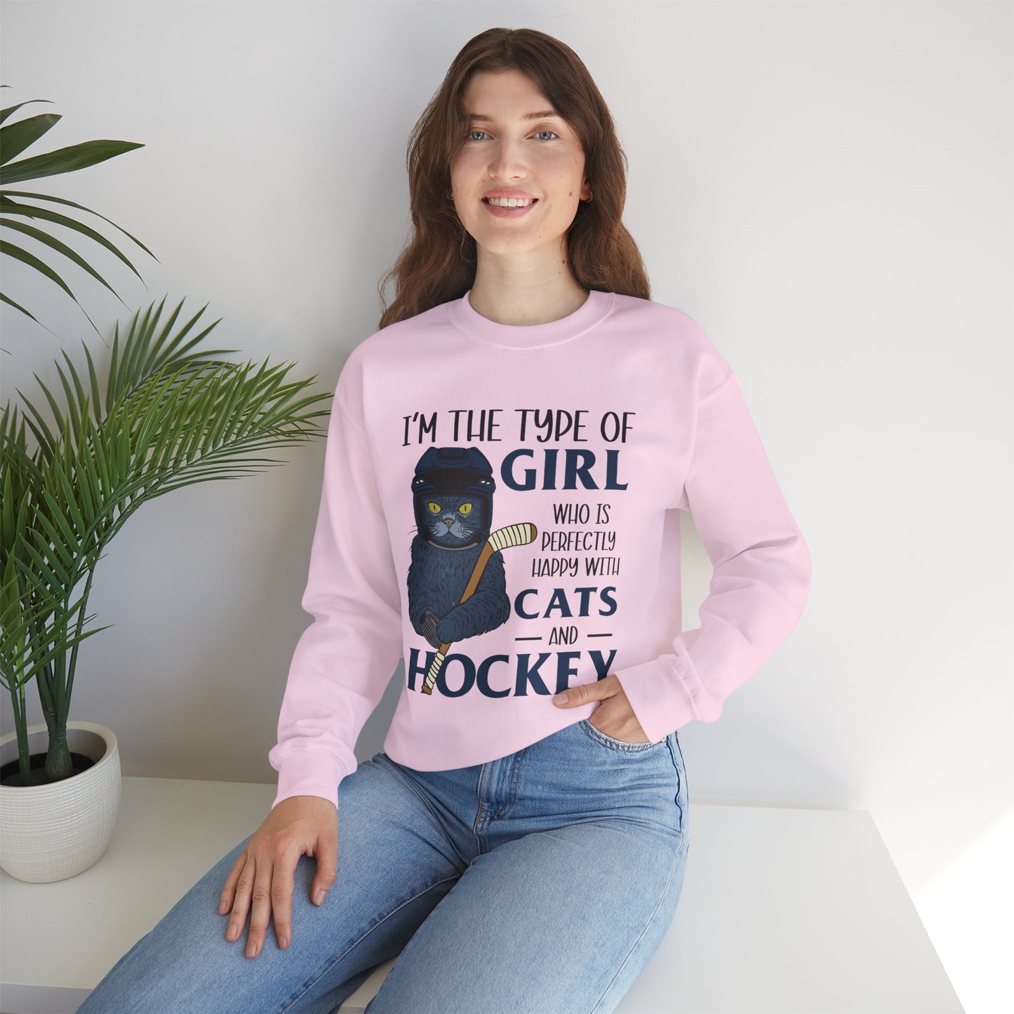 Cats & Hockey Girl Sweatshirt – Funny Unisex Crewneck for Cat Lovers & Sports Fans | Cozy Cotton-Poly Blend