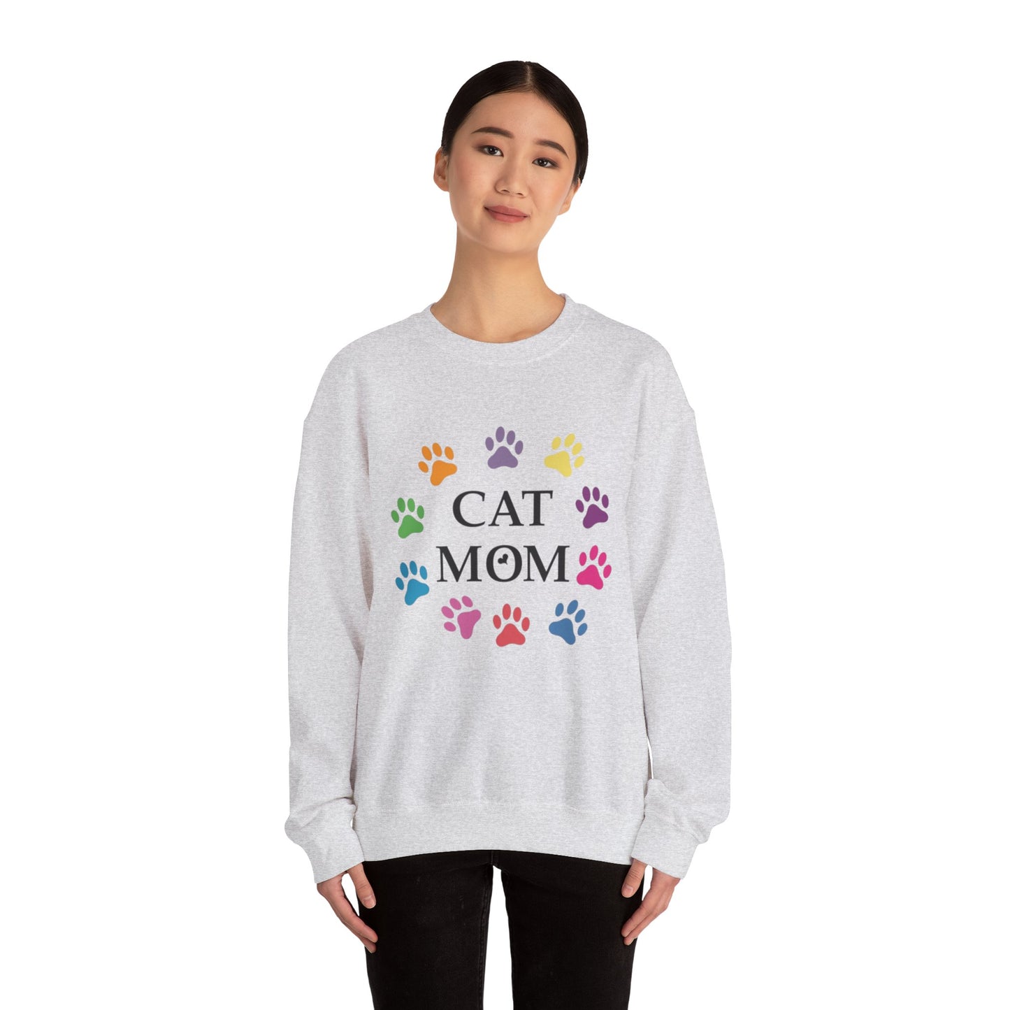 Vibrant Cat Mom Sweatshirt: Colorful Paw Print Circle Crewneck | Cozy 50/50 Cotton-Poly Gift