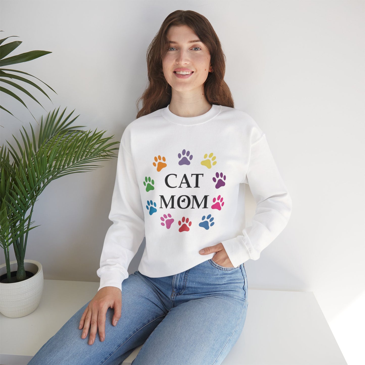 Vibrant Cat Mom Sweatshirt: Colorful Paw Print Circle Crewneck | Cozy 50/50 Cotton-Poly Gift