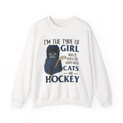 Cats & Hockey Girl Sweatshirt – Funny Unisex Crewneck for Cat Lovers & Sports Fans | Cozy Cotton-Poly Blend