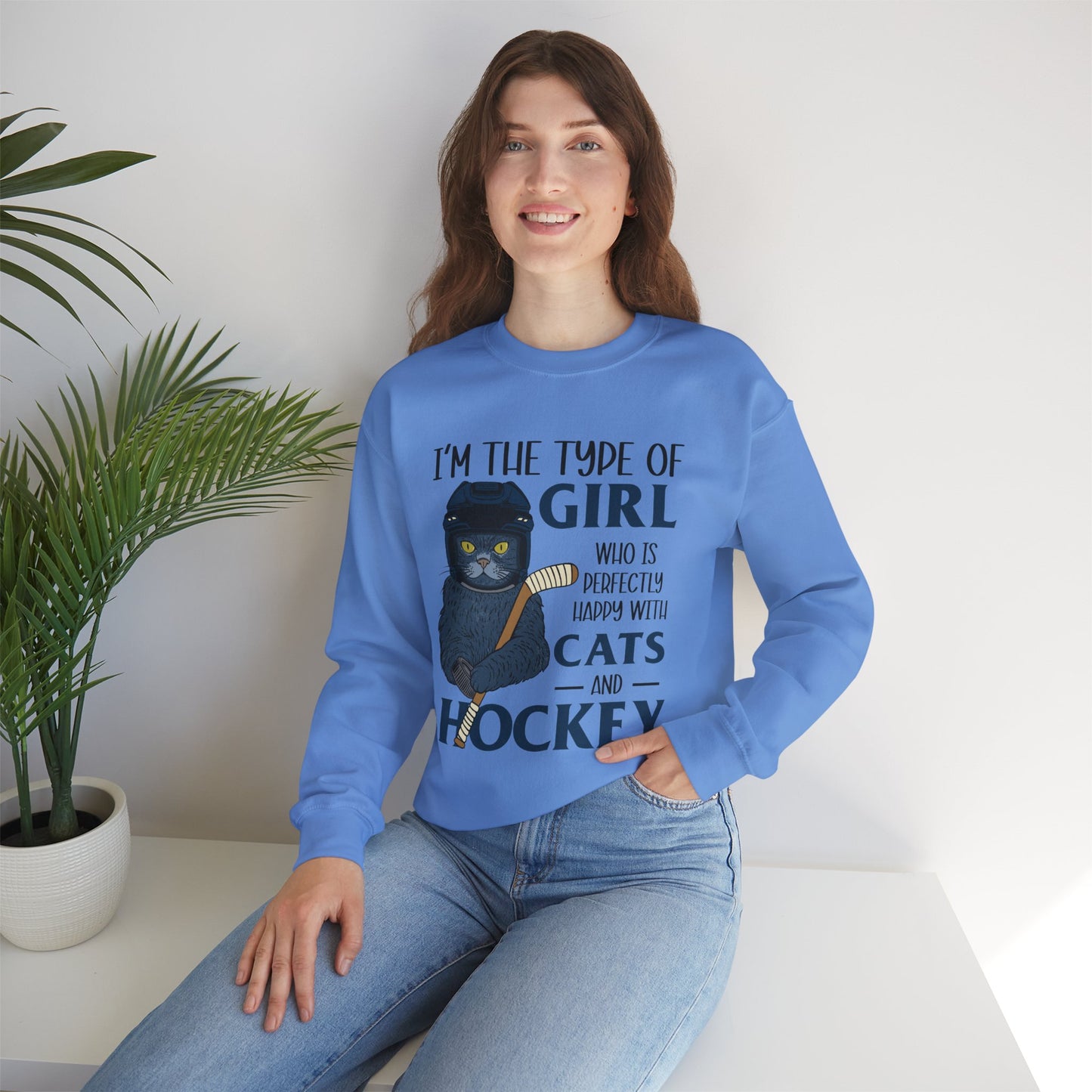 Cats & Hockey Girl Sweatshirt – Funny Unisex Crewneck for Cat Lovers & Sports Fans | Cozy Cotton-Poly Blend
