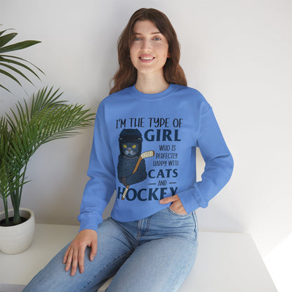 Cats & Hockey Girl Sweatshirt – Funny Unisex Crewneck for Cat Lovers & Sports Fans | Cozy Cotton-Poly Blend