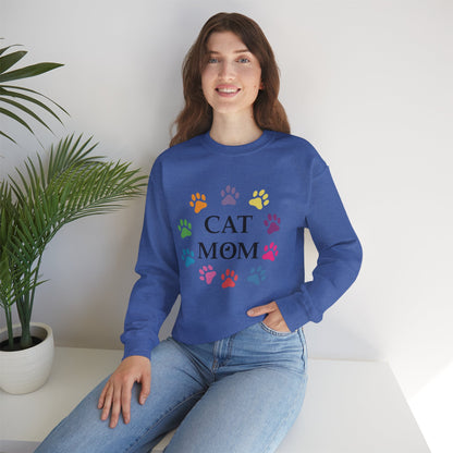 Vibrant Cat Mom Sweatshirt: Colorful Paw Print Circle Crewneck | Cozy 50/50 Cotton-Poly Gift