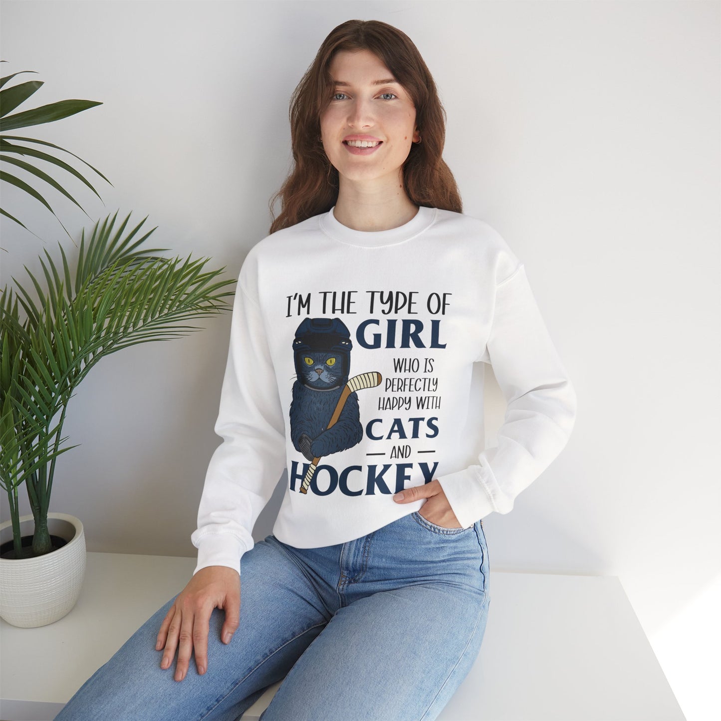 Cats & Hockey Girl Sweatshirt – Funny Unisex Crewneck for Cat Lovers & Sports Fans | Cozy Cotton-Poly Blend