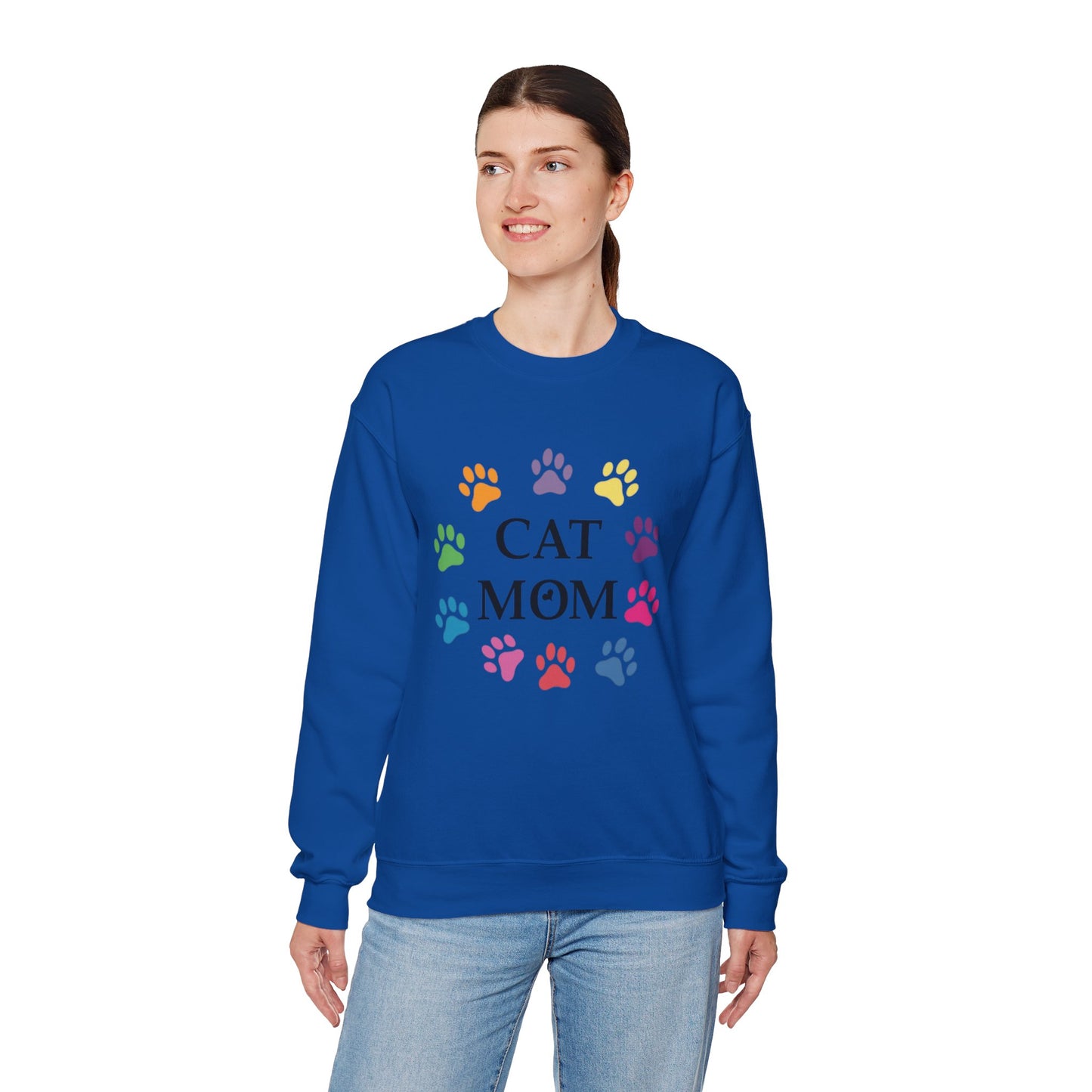 Vibrant Cat Mom Sweatshirt: Colorful Paw Print Circle Crewneck | Cozy 50/50 Cotton-Poly Gift