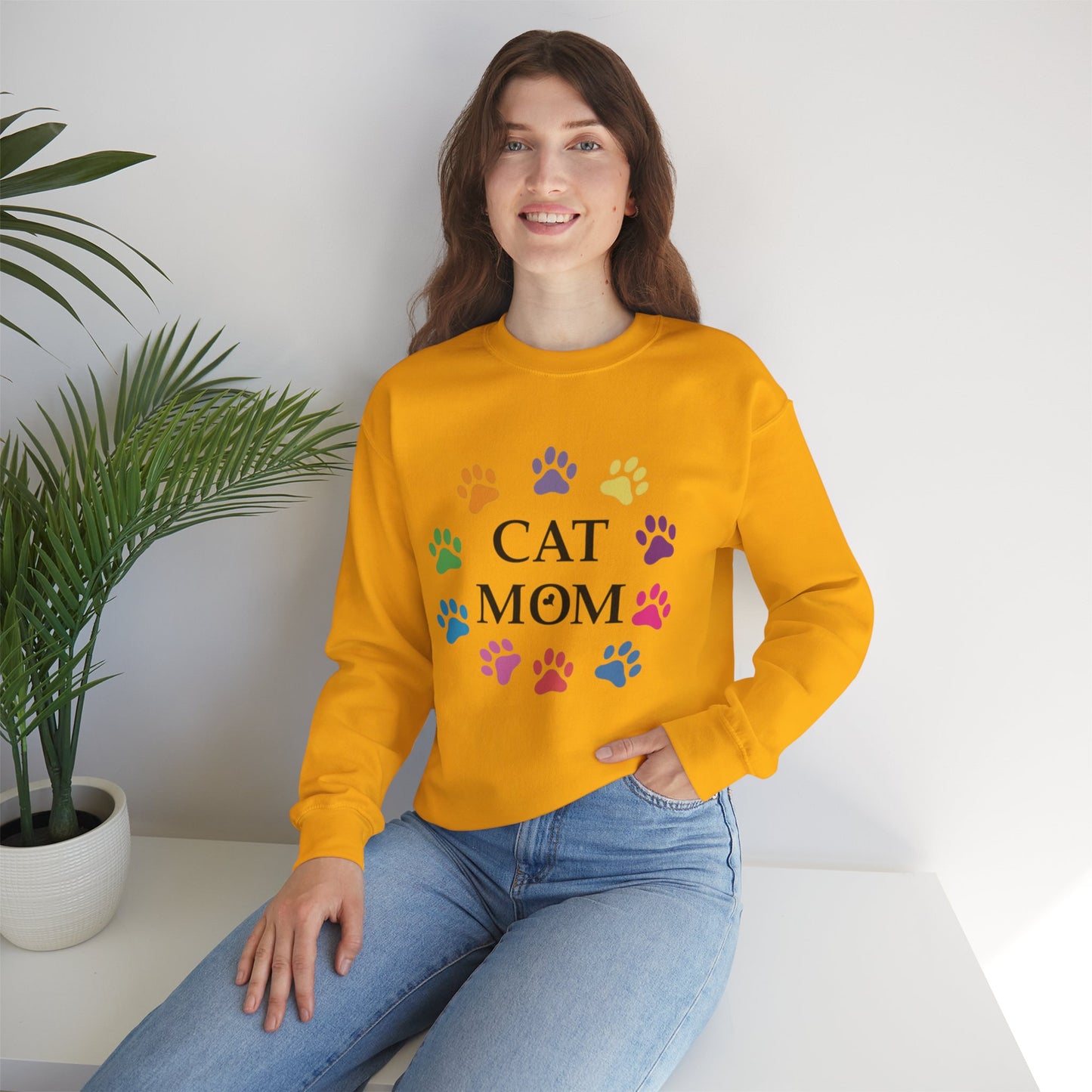 Vibrant Cat Mom Sweatshirt: Colorful Paw Print Circle Crewneck | Cozy 50/50 Cotton-Poly Gift