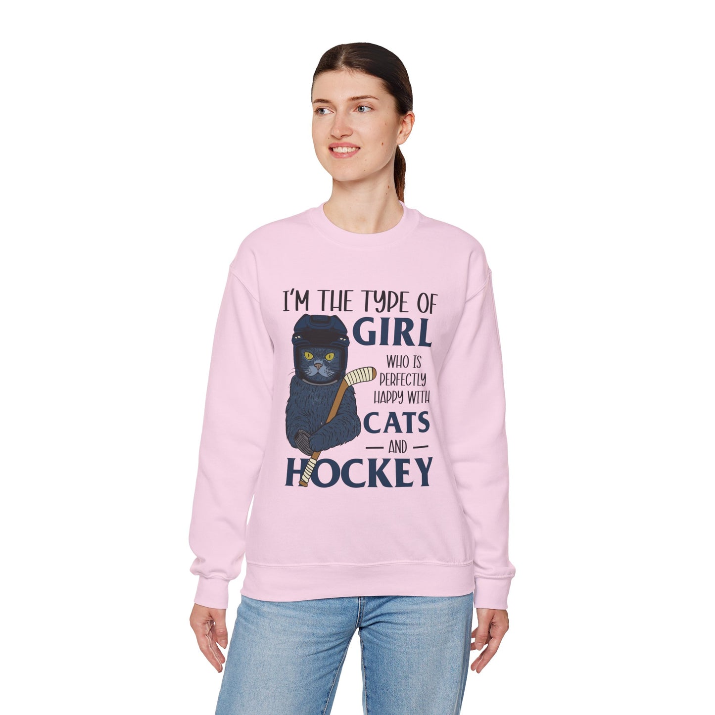 Cats & Hockey Girl Sweatshirt – Funny Unisex Crewneck for Cat Lovers & Sports Fans | Cozy Cotton-Poly Blend