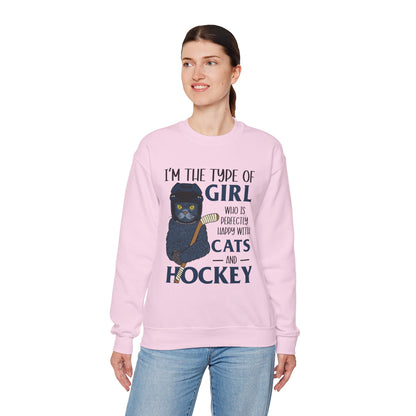 Cats & Hockey Girl Sweatshirt – Funny Unisex Crewneck for Cat Lovers & Sports Fans | Cozy Cotton-Poly Blend
