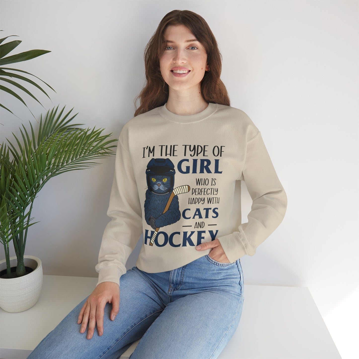 Cats & Hockey Girl Sweatshirt – Funny Unisex Crewneck for Cat Lovers & Sports Fans | Cozy Cotton-Poly Blend