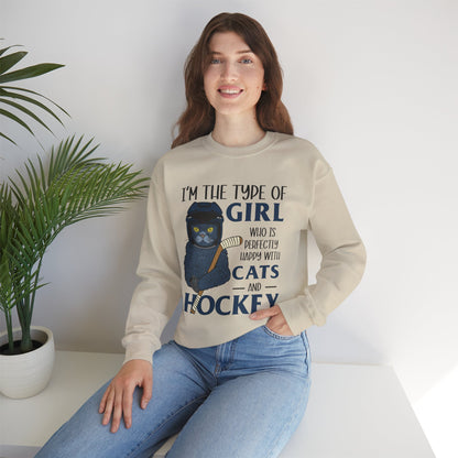 Cats & Hockey Girl Sweatshirt – Funny Unisex Crewneck for Cat Lovers & Sports Fans | Cozy Cotton-Poly Blend