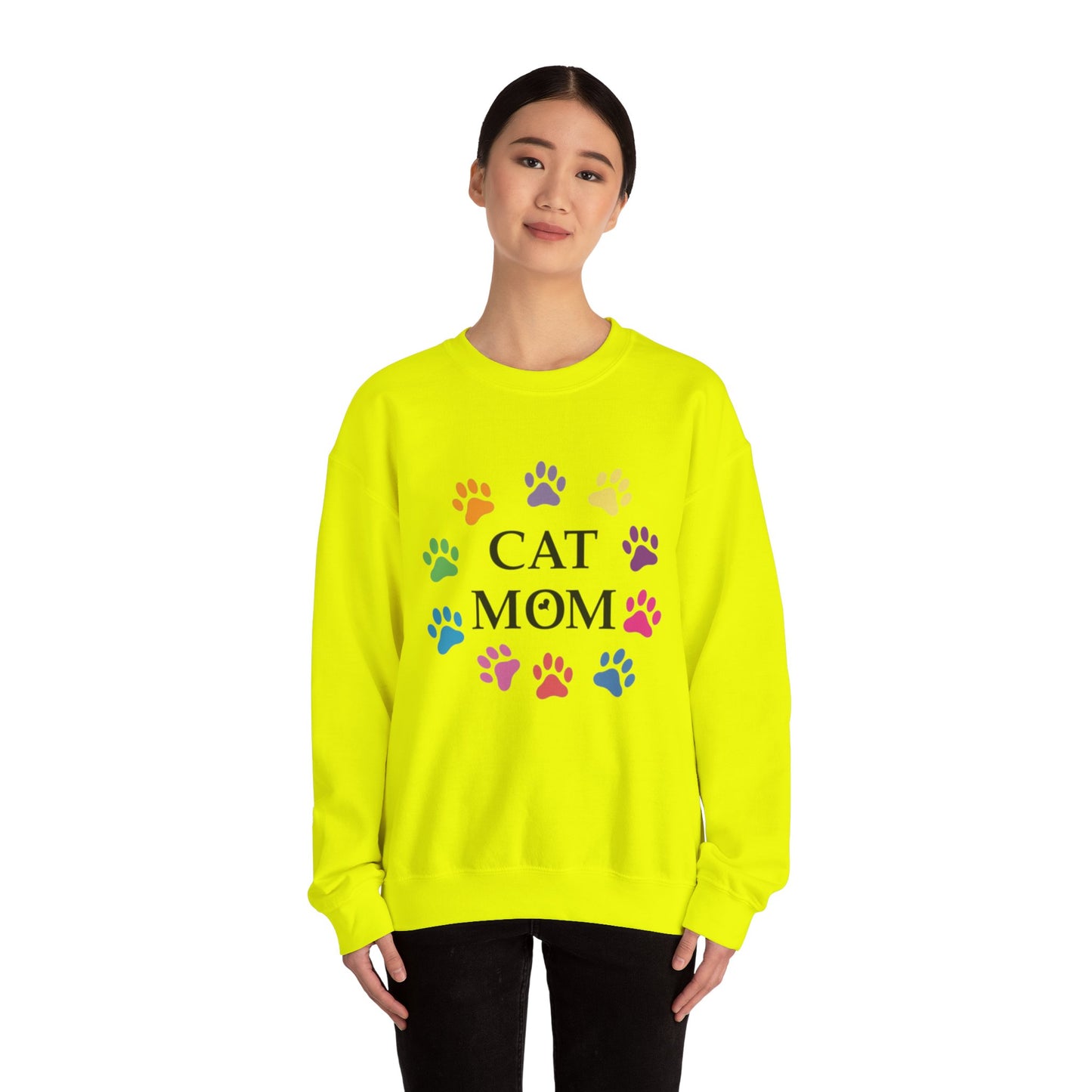 Vibrant Cat Mom Sweatshirt: Colorful Paw Print Circle Crewneck | Cozy 50/50 Cotton-Poly Gift