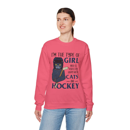 Cats & Hockey Girl Sweatshirt – Funny Unisex Crewneck for Cat Lovers & Sports Fans | Cozy Cotton-Poly Blend