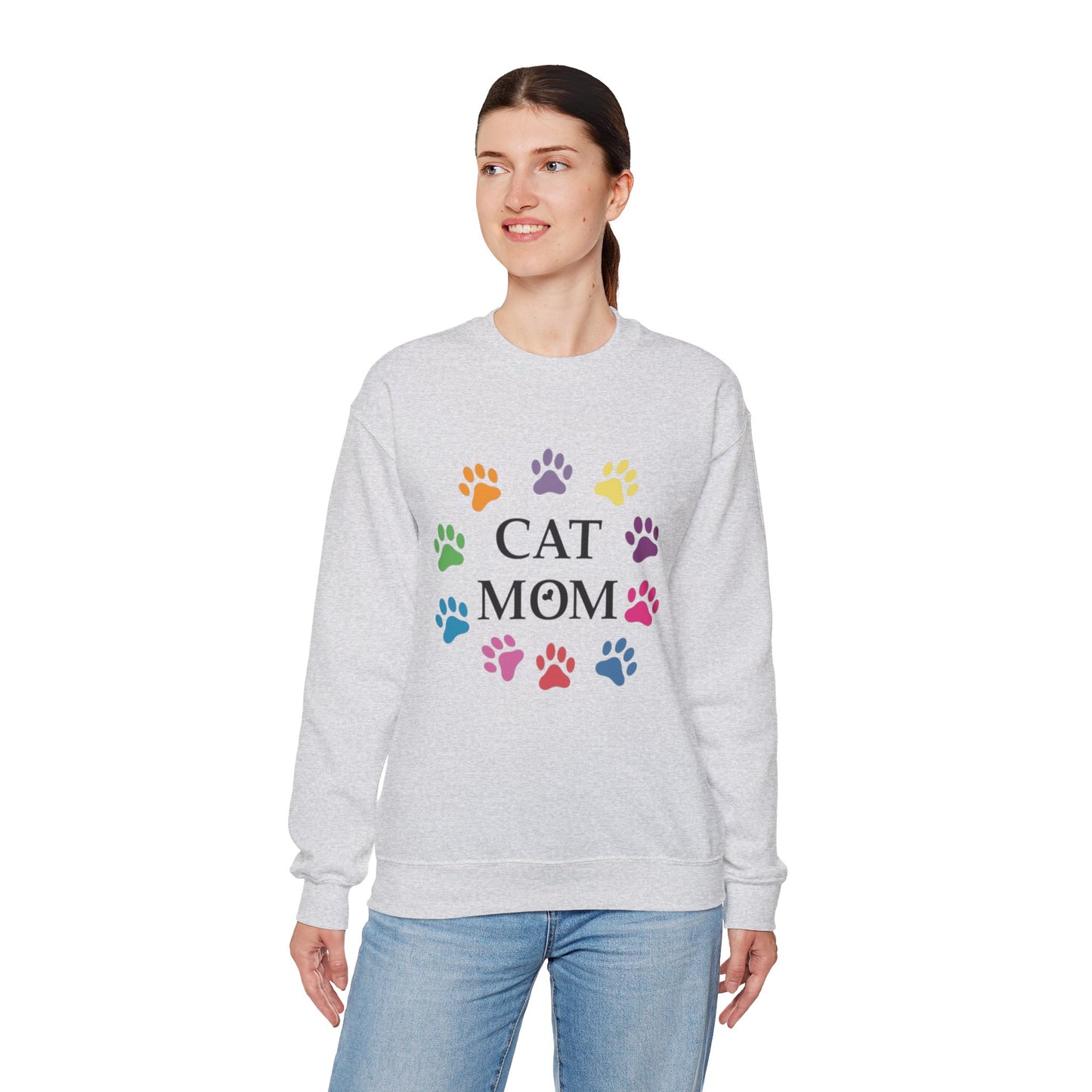 Vibrant Cat Mom Sweatshirt: Colorful Paw Print Circle Crewneck | Cozy 50/50 Cotton-Poly Gift